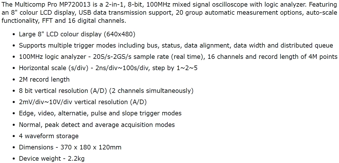 אוסצילוסקופ שולחני דיגיטלי - MULTICOMP PRO MP720013 TEXT